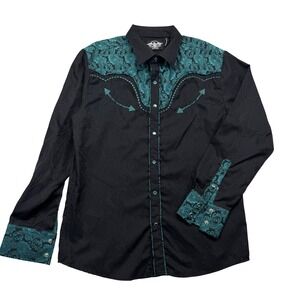 El General Shirt Mens L Black Teal Paisley Western Snap Button Down Jacquard